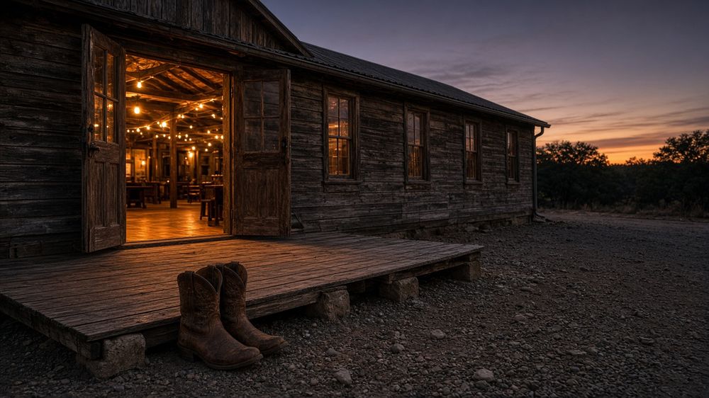 AI-generated scene of a rustic Texas dance hall and cowboy boots