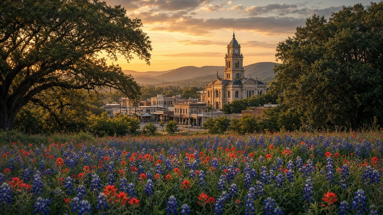 AI-generated scene of a Hill Country town square with a historic courthouse, live oaks and bluebonnets at sunset