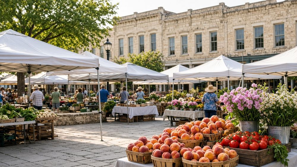 AI-generated scene of an outdoor farmers market with produce stalls