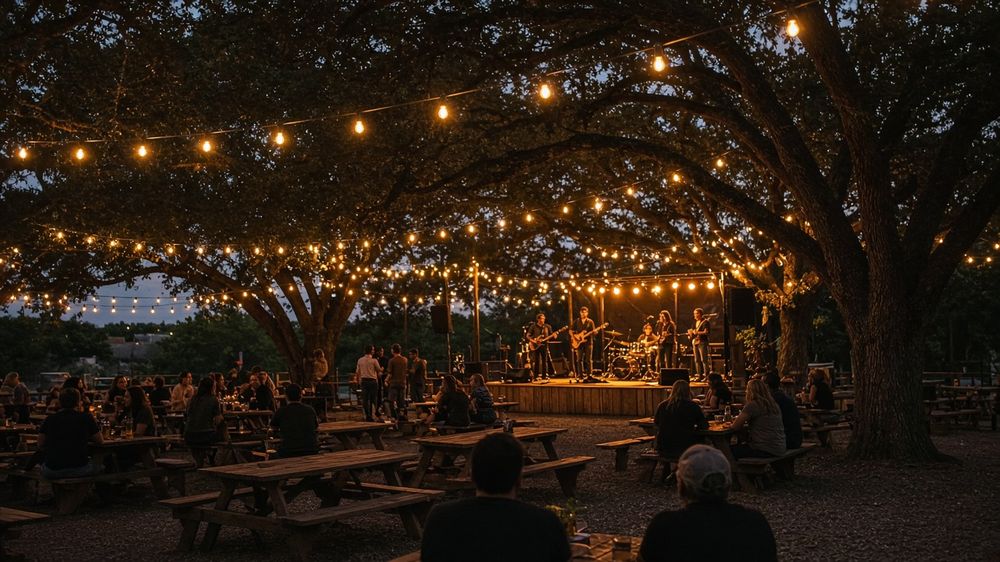 AI-generated scene of a musician playing under string lights at an outdoor Texas venue