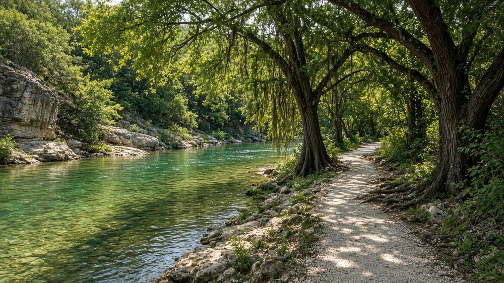 AI-generated scene of a Hill Country river and trail under live oaks
